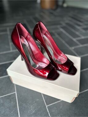 BCBGeneration Burgundy Red Patent Peep-Toe Stiletto Heels